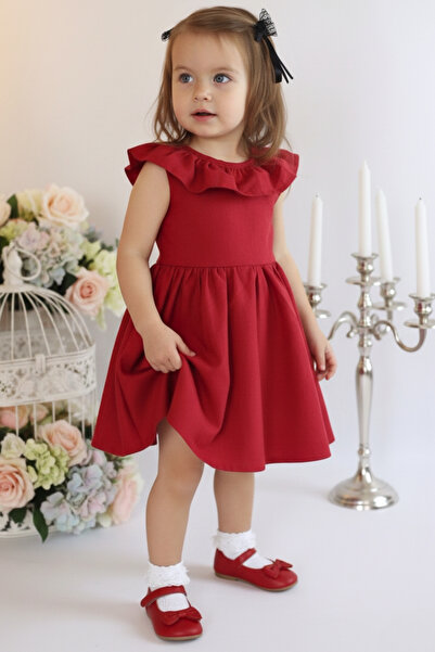 Parla Kids Baby Girl Burgundy Cherry Bow Ruffled Dress Buckle Set