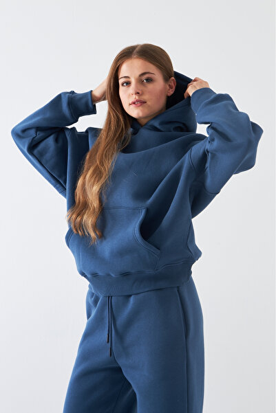 Gia Collection Oversize unisex Sweatshirt Hoodie Marine – kapüşonlu, 3 iplik şardonlu polar, kanguru cepli, basic