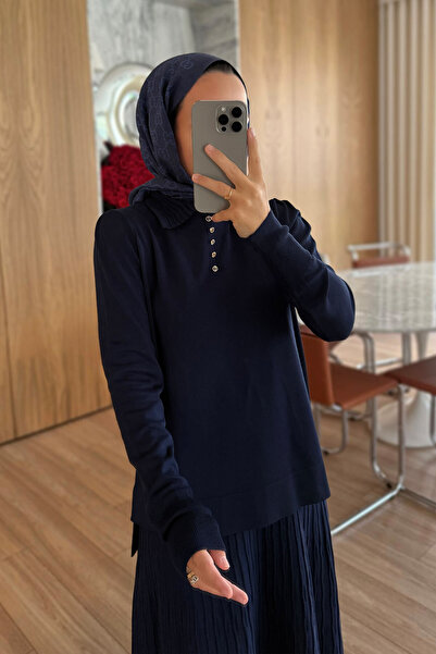 Ka Hijab Mercerized Suit with Wave Skirt - Navy Blue
