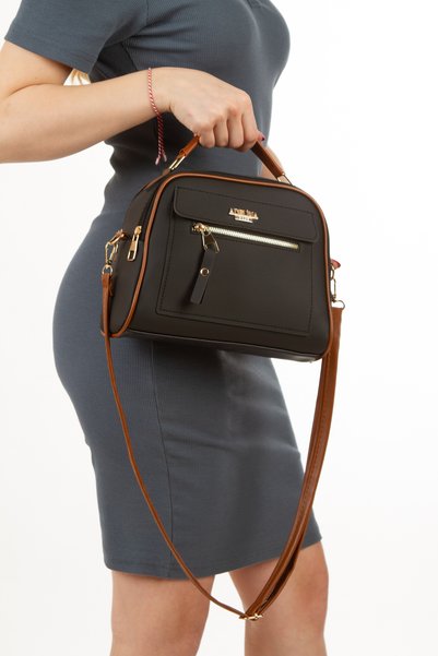 Adelina Bags Geantă de mână și de umăr pentru femei, cu trei compartimente, cu curele încrucișate, material cord bej, negru