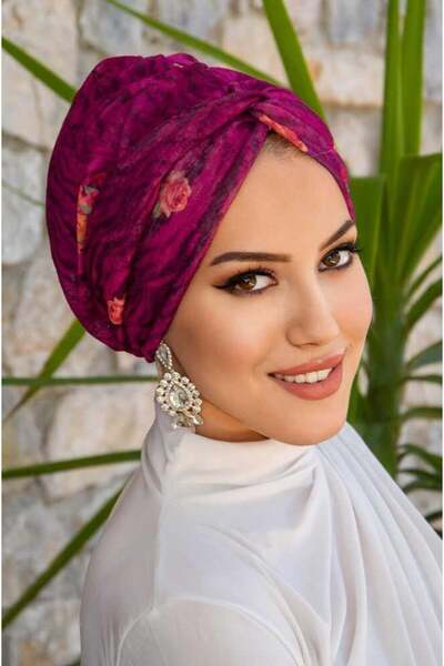 Aişe tesettür Vişne Desenli Hazır Burgu Düğüm Bone