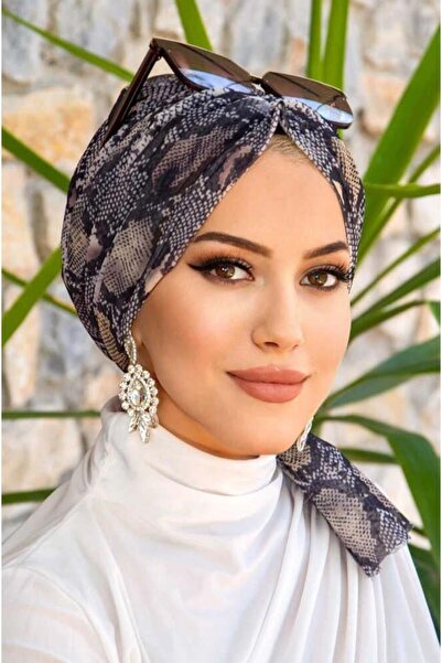 Aişe tesettür Gri Yılan Derisi Desen Tül Tokalı Bone