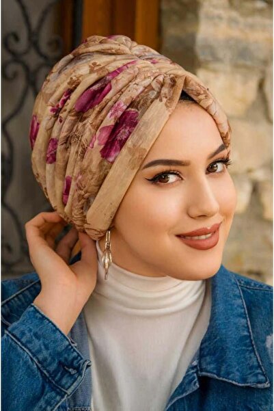 Aişe tesettür Καπέλο με αγκράφα με μοτίβο λουλουδιών καμέλι κερασιού