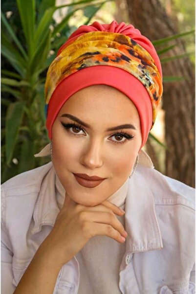 Aişe tesettür Orange Coral Banded Ready Bonnet
