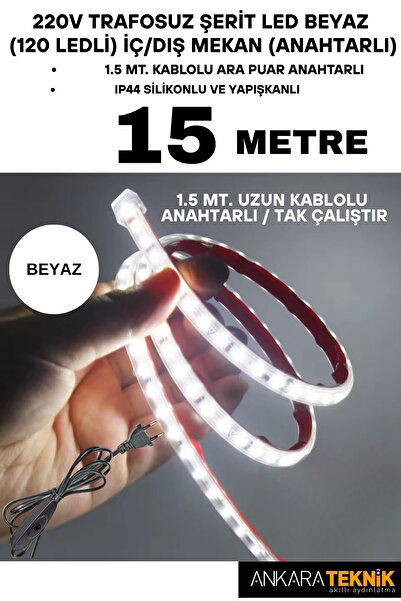 ankarateknik 220V Trafosuz Şerit Led Beyaz Renk (120 Ledli). Anahtarlı Arapua...
