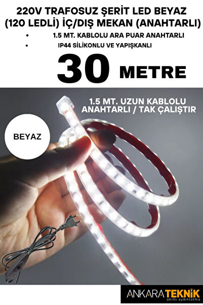 ankarateknik 220V Trafosuz Şerit Led Beyaz Renk (120 Ledli). Anahtarlı Arapua...