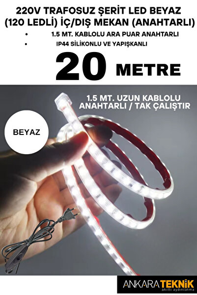 ankarateknik 220V Trafosuz Şerit Led Beyaz Renk (120 Ledli). Anahtarlı Arapua...