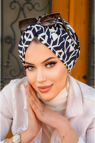 Aişe tesettür Lacivert Beyaz Desenli Hazır Burgu Düğüm Bone