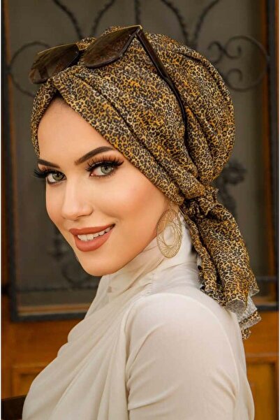 Aişe tesettür Beige Leopard Patterned Buckle Bonnet