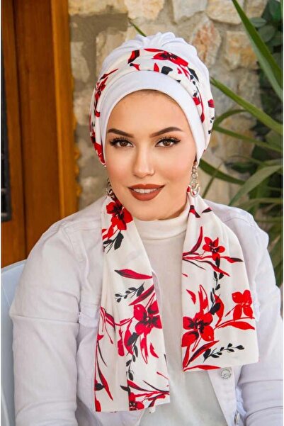 Aişe tesettür Κόκκινο και λευκό μοτίβο λουλουδιών με κασκόλ και μπονέ