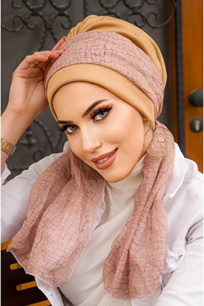 Aişe tesettür Camel Beige Pattern Scarf Bonnet