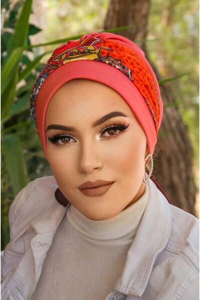 Aişe tesettür Orange Patterned Banded Premade Bonnet