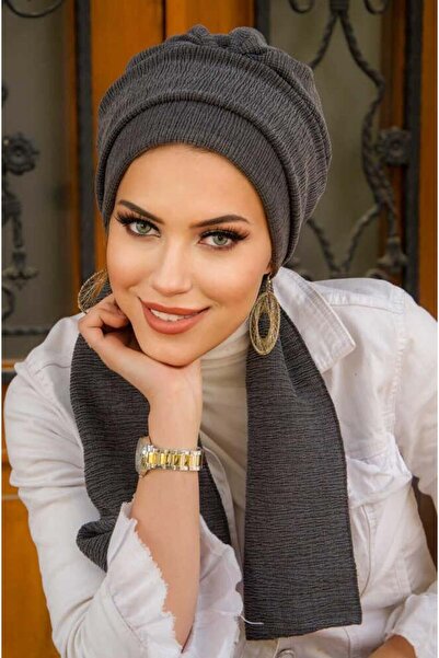 Aişe tesettür Anthracite Crinkle Scarf Hijab Bonnet