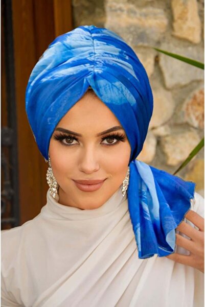 Aişe tesettür Mavi Batik Desen Tül Tokalı Bone