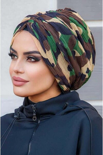 Aişe tesettür Outlet Khaki Camouflage Pattern Pleated Buckle Bonnet