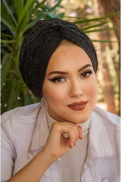 Aişe tesettür تاج جاهز مطوي - غطاء رأس بعقدة لامعة باللون الأسود والفضي