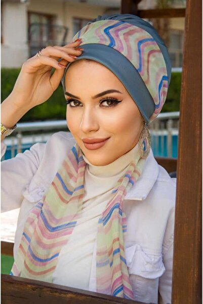 Aişe tesettür Indigo Geometric Pattern Scarf Bonnet