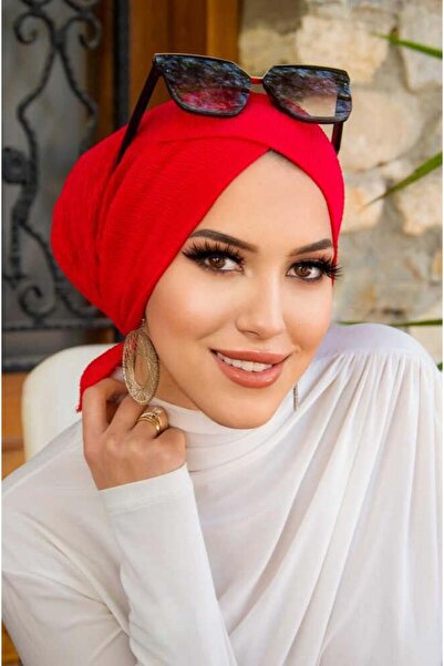 Aişe tesettür Kırmızı Çapraz Bantlı Bone