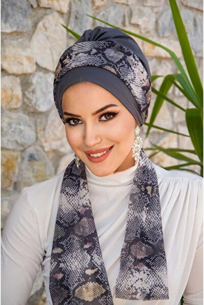 Aişe tesettür Füme Yılan Desen Fularlı Bone