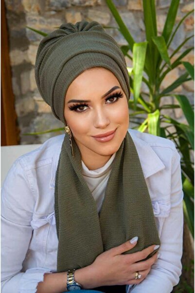 Aişe tesettür بونيه جاهز مع وشاح زيتوني