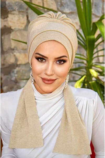 Aişe tesettür Beige Bonnet - Ready Shimmer and Scarf