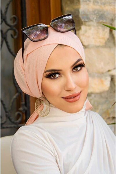 Aişe tesettür Açık Somon Çapraz Bantlı Bone