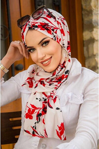 Aişe tesettür Red White Flower Pattern Butterfly Bonnet Shawl