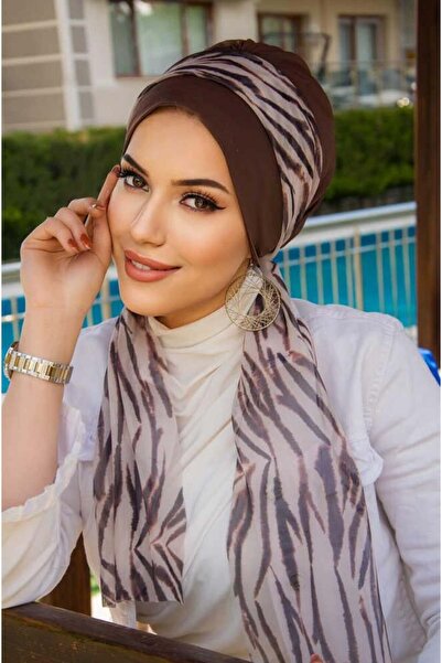 Aişe tesettür Καφέ ζέβρα μοτίβο μαντήλι καπέλο