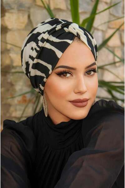 Aişe tesettür Καπέλο με σχέδιο ζέβρας με έτοιμο κόμπο με σπιράλ
