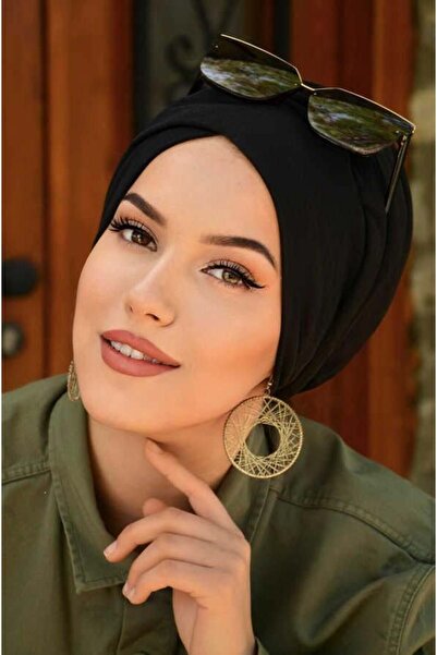 Aişe tesettür Siyah Çapraz Bantlı Dolgulu Bone