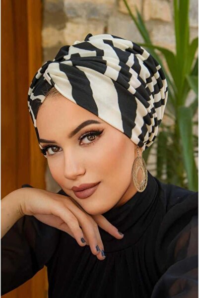 Aişe tesettür Καπέλο με σχέδιο ζέβρας με έτοιμο κόμπο με σπιράλ
