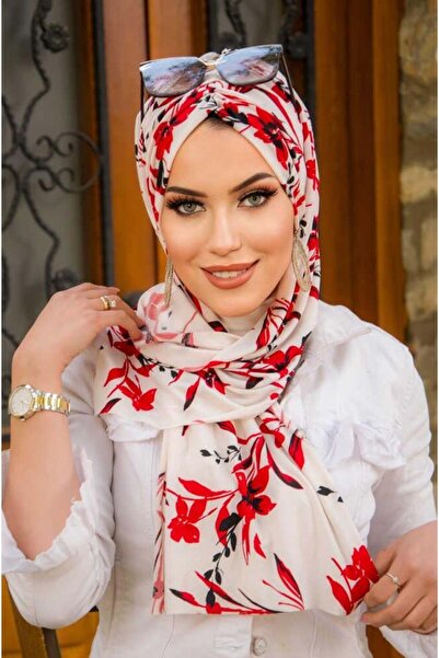 Aişe tesettür Red White Flower Pattern Butterfly Bonnet Shawl
