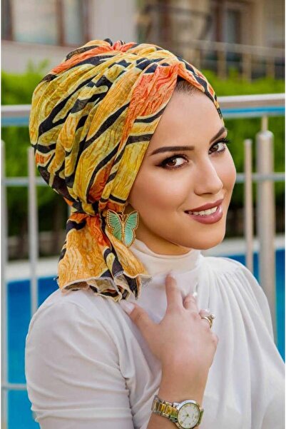 Aişe tesettür Turuncu Siyah Desen Tokalı Bone