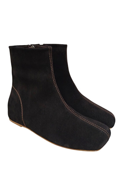 DRY SHOES Hakiki Deri Kahverengi Süet Kadın Bot Ayakkabı Kare Burun Düz Taban Fermuarlı Çizme Günlük