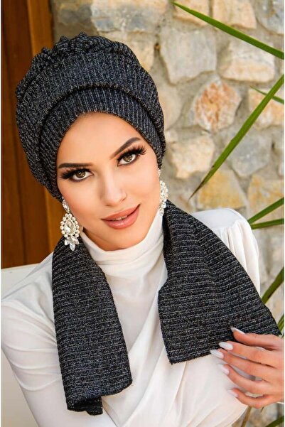 Aişe tesettür Μαύρο ασημί κασκόλ με κορδόνια με ριγέ σχέδιο