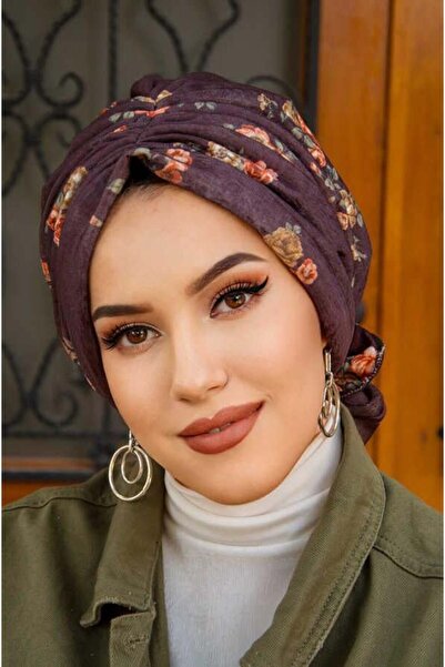 Aişe tesettür Καφέ καπέλο με μοτίβο λουλουδιών με αγκράφα