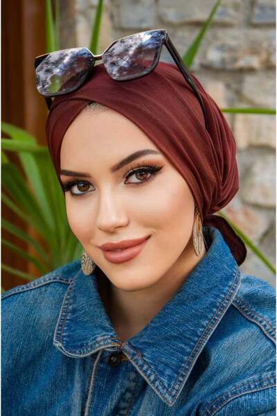 Aişe tesettür Kızıl Kahve Çapraz Havuz - Deniz Bonesi