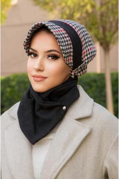 Aişe tesettür Black and Red Houndstooth Set with Bow and Hat and Etol