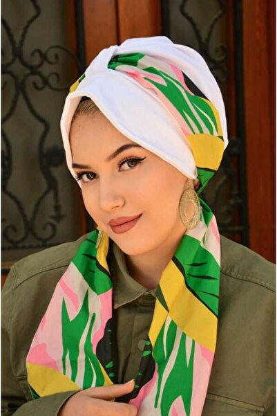 Aişe tesettür Off-White Hat Cap with Green Leaf Pattern