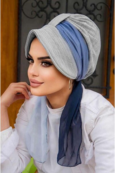 Aişe tesettür Gri Lacivert Batik Desen Batik Şapkalı Bone
