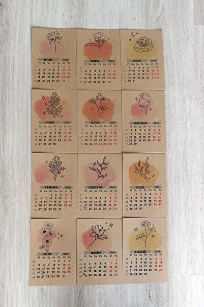 Mapi 2026 Ahşap Ayaklı Minimalist Çiçek Tasarımlı Kraft Karton Vintage Takvim