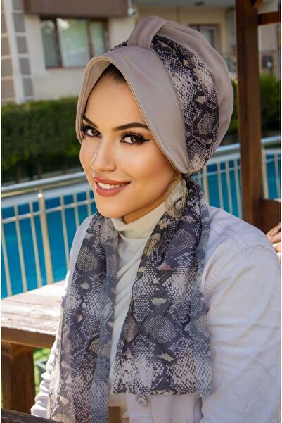 Aişe tesettür Gray Snake Pattern Scarf Hat Bonnet