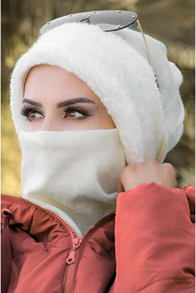 Aişe tesettür Cream Fur Detailed Masked Beret