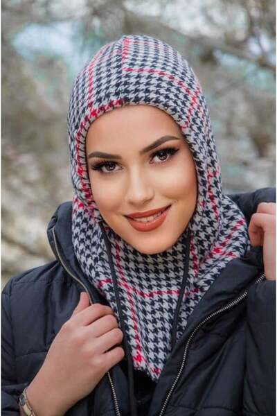 Aişe tesettür Red Houndstooth Lace-up Hooded Bonnet