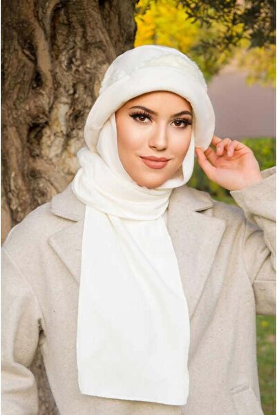 Aişe tesettür Krem Kürk Aksesuarlı Atkılı Vintage Şapka