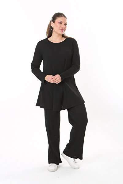 Şans Γυναικείο Μαύρο Παντελόνι Μπλούζας Plus Size Σετ 65N37701