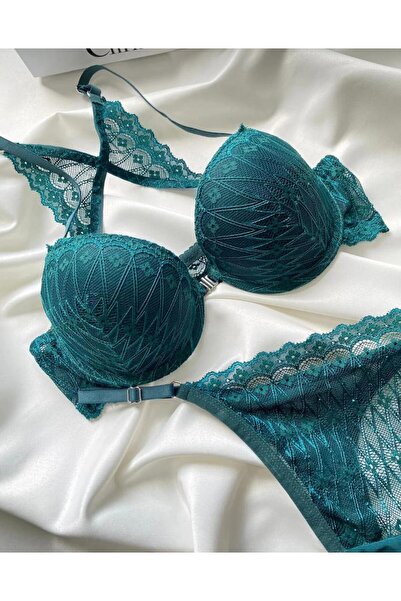ARONA Elöl nyitható, támogatott smaragdzöld csipke részletes melltartó szett