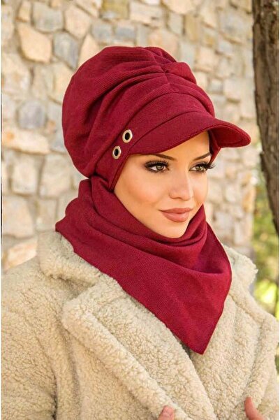 Aişe tesettür Bordo Metal Detaylı Büzgülü Tesettür Şapka Ve Etol Takım