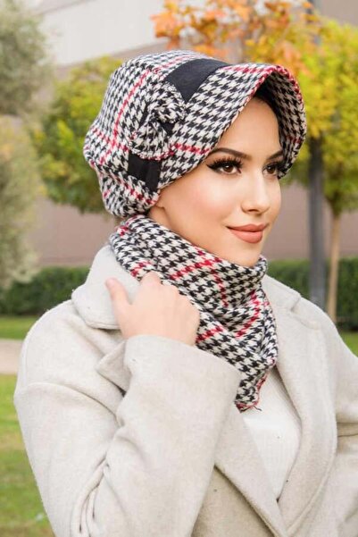 Aişe tesettür Red Black Houndstooth with Bow and Chainsaw Hat and Etol Set