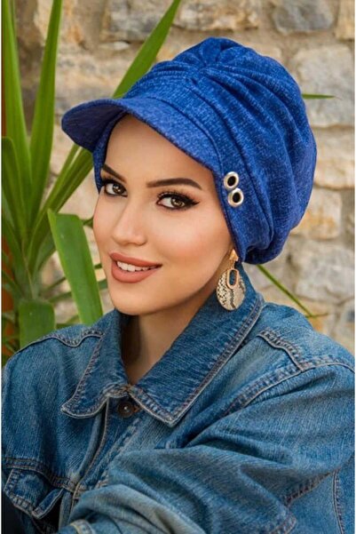 Aişe tesettür Kot Mavi Desen Metal Detaylı Tesettür Şapka Bone